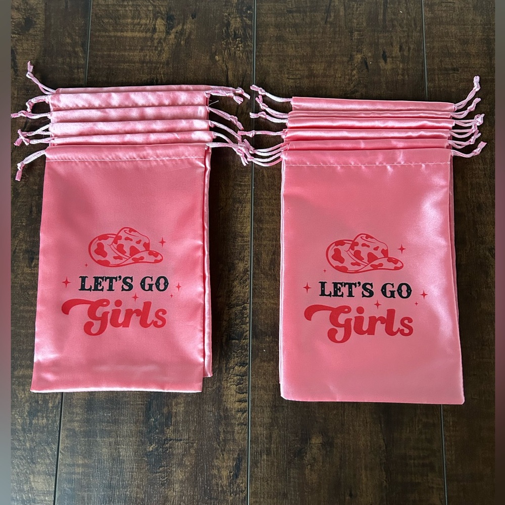12 Pink Draw String Bags: “Let’s Go Girls”